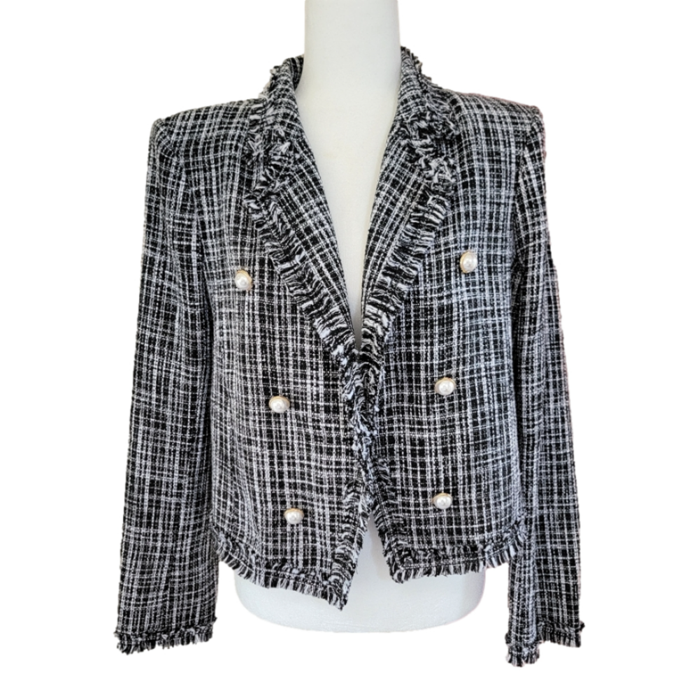 Worthington Black and White Tweed Bolero Jacket W/Pearl Buttons Size Large NWT